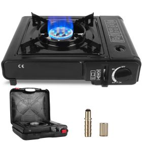 3300W Portable Camping Stove Butane Canister Dual Fuel Burner Piezo Electric Ignition Single Burner with Automatic Tank Ejection Overpressure Cut (Color: Black)